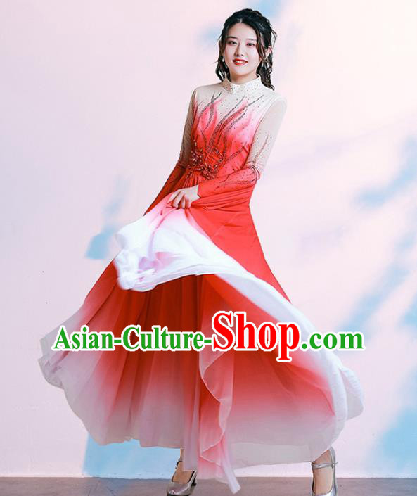 Chinese Women Group Dance Clothing Modern Dance Gradient Pink Dress Opening Dance Costume