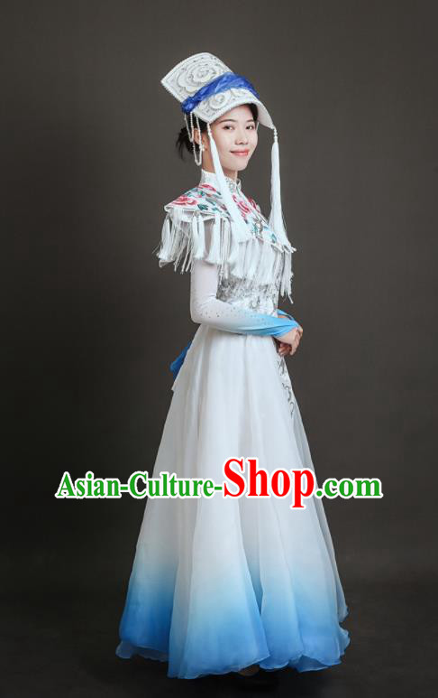 Chinese Ethnic Festival Clothing Folk Dance White Dress Qiang Nationality Dance Costume