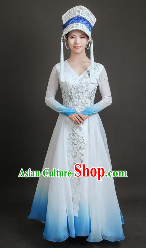 Chinese Ethnic Festival Clothing Folk Dance White Dress Qiang Nationality Dance Costume