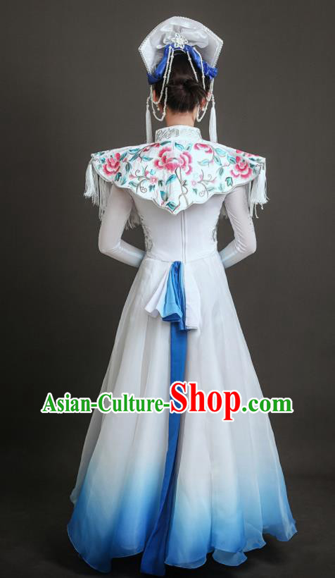 Chinese Ethnic Festival Clothing Folk Dance White Dress Qiang Nationality Dance Costume