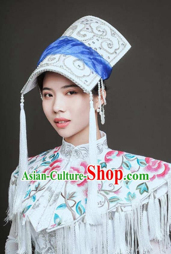 Chinese Ethnic Festival Clothing Folk Dance White Dress Qiang Nationality Dance Costume