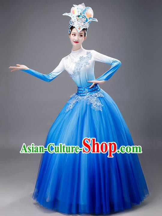 Chinese Opening Dance Stage Performance Costume Women Group Dance Clothing Modern Dance Blue Dress