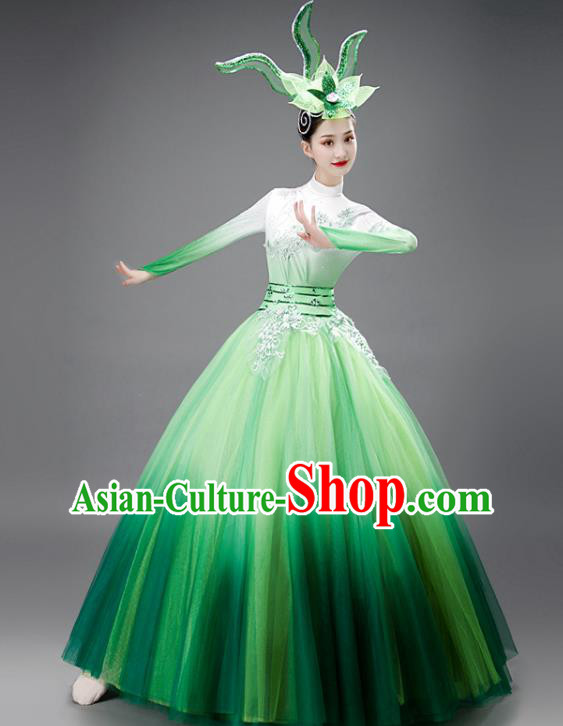 Chinese Modern Dance Green Dress Opening Dance Garment Costume Women Group Performance Clothing