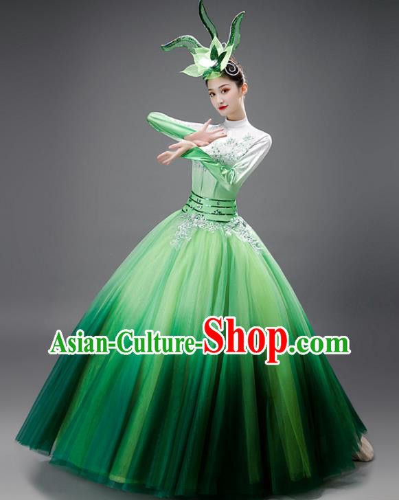 Chinese Modern Dance Green Dress Opening Dance Garment Costume Women Group Performance Clothing