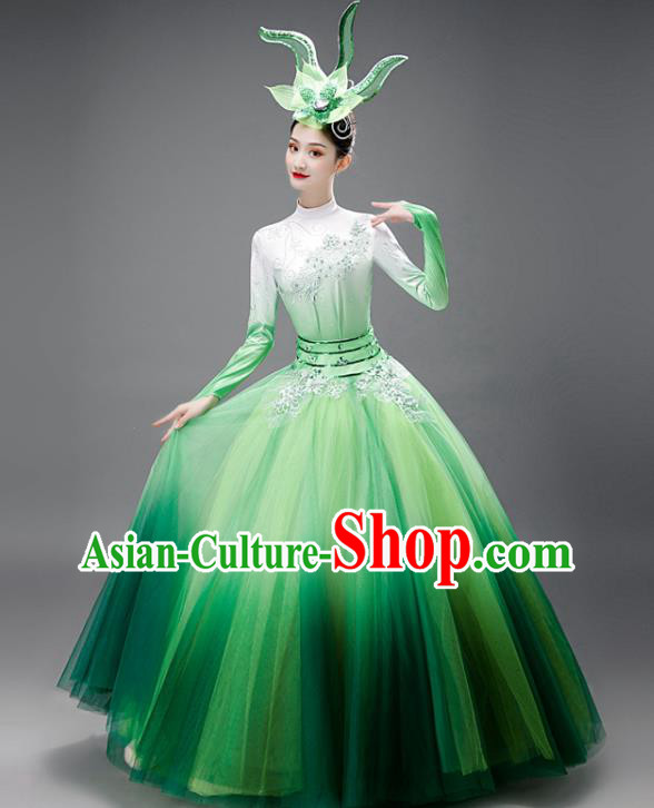 Chinese Modern Dance Green Dress Opening Dance Garment Costume Women Group Performance Clothing
