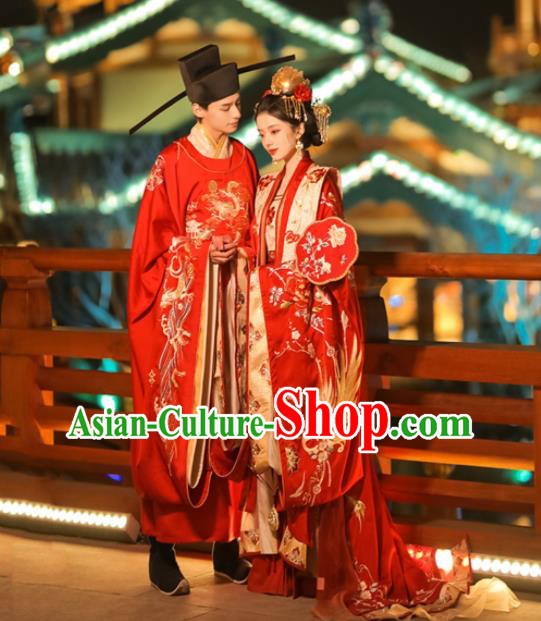 Chinese Traditional Wedding Garment Costumes Song Dynasty Bride and Groom Embroidered Clothing Complete Set