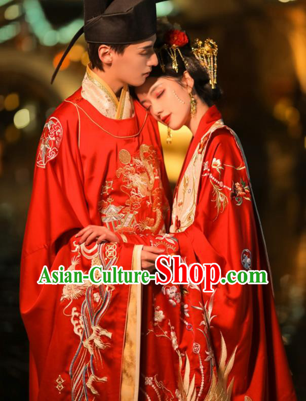Chinese Traditional Wedding Garment Costumes Song Dynasty Bride and Groom Embroidered Clothing Complete Set