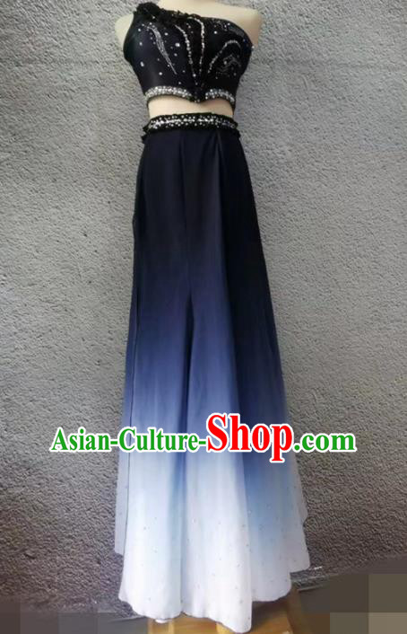 Chinese Yunnan Pavane Dance Garment Costumes Dai Nationality Stage Performance Clothing Peacock Dance Dark Blue Dress Outfit