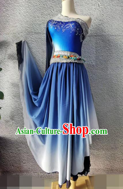 Chinese Folk Dance Blue Dress Outfit Tibetan Dance Garment Costumes Zang Nationality Stage Performance Clothing
