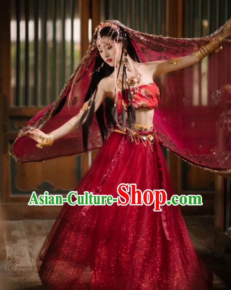 Chinese Tang Dynasty Dance Lady Garment Costumes Ancient Princess Red Dress Clothing and Headdress Complete Set
