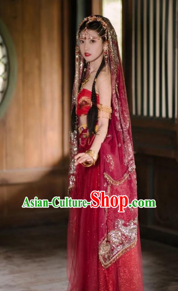 Chinese Tang Dynasty Dance Lady Garment Costumes Ancient Princess Red Dress Clothing and Headdress Complete Set