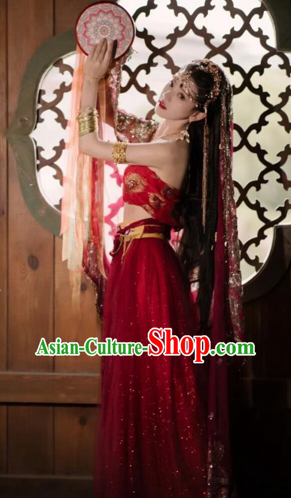 Chinese Tang Dynasty Dance Lady Garment Costumes Ancient Princess Red Dress Clothing and Headdress Complete Set