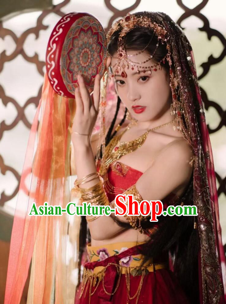 Chinese Tang Dynasty Dance Lady Garment Costumes Ancient Princess Red Dress Clothing and Headdress Complete Set