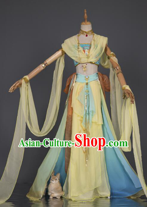 Chinese Handmade Dunhuang Dance Costume Dun Huang Flying Apsaras Dance Yellow Chiffon Dress Classical Dance Clothing