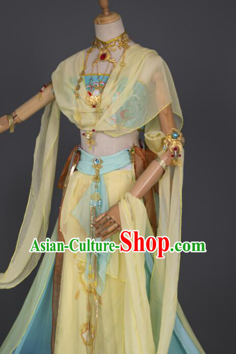 Chinese Handmade Dunhuang Dance Costume Dun Huang Flying Apsaras Dance Yellow Chiffon Dress Classical Dance Clothing