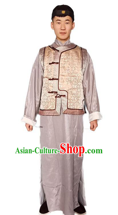 Chinese Ancient Merchant Garment Costumes Traditional Young Master Grey Outfit Qing Dynasty Childe Clothing