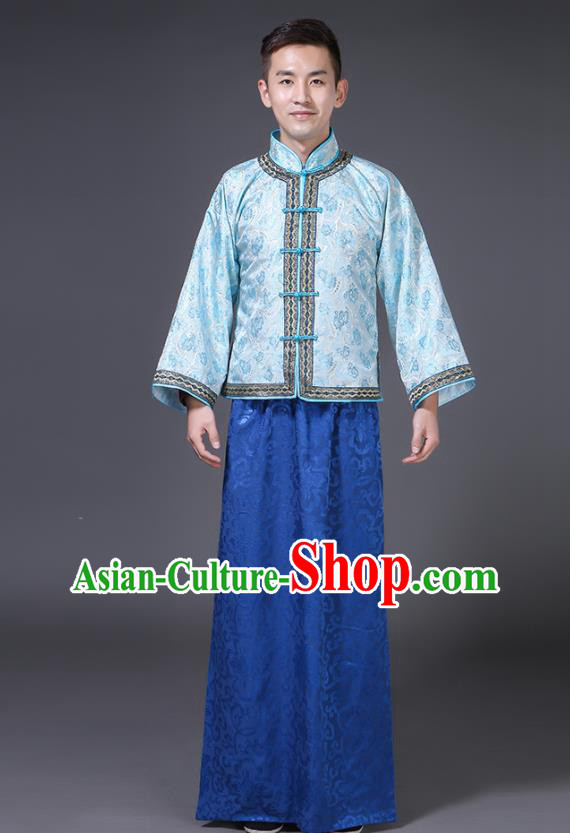 Chinese Traditional Young Master Blue Outfit Qing Dynasty Childe Clothing Ancient Groom Garment Costumes