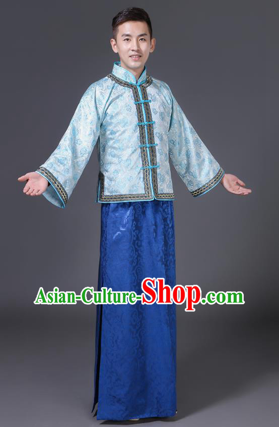 Chinese Traditional Young Master Blue Outfit Qing Dynasty Childe Clothing Ancient Groom Garment Costumes