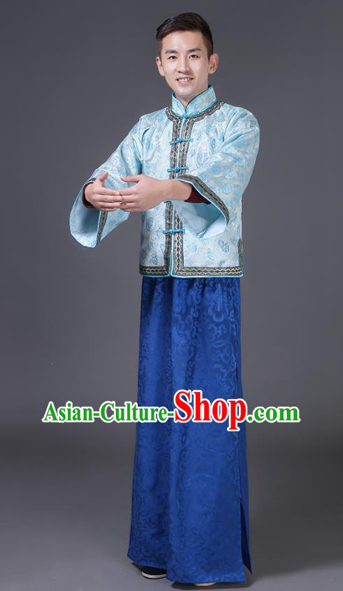 Chinese Traditional Young Master Blue Outfit Qing Dynasty Childe Clothing Ancient Groom Garment Costumes