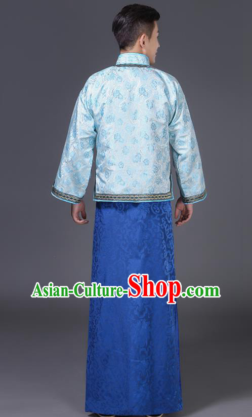 Chinese Traditional Young Master Blue Outfit Qing Dynasty Childe Clothing Ancient Groom Garment Costumes