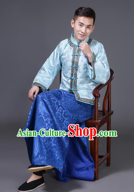 Chinese Traditional Young Master Blue Outfit Qing Dynasty Childe Clothing Ancient Groom Garment Costumes