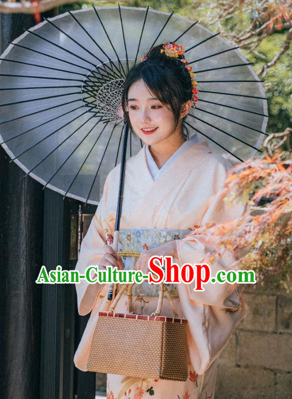 Japanese Traditional Garment Printing Beige Kimono Japan Summer Festival Young Lady Yukata Dress
