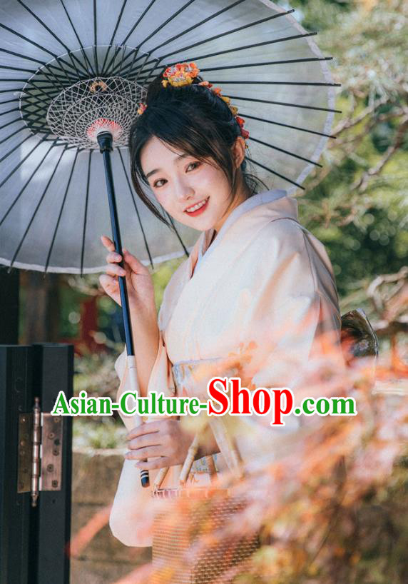 Japanese Traditional Garment Printing Beige Kimono Japan Summer Festival Young Lady Yukata Dress