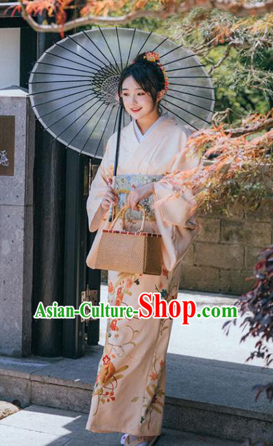 Japanese Traditional Garment Printing Beige Kimono Japan Summer Festival Young Lady Yukata Dress
