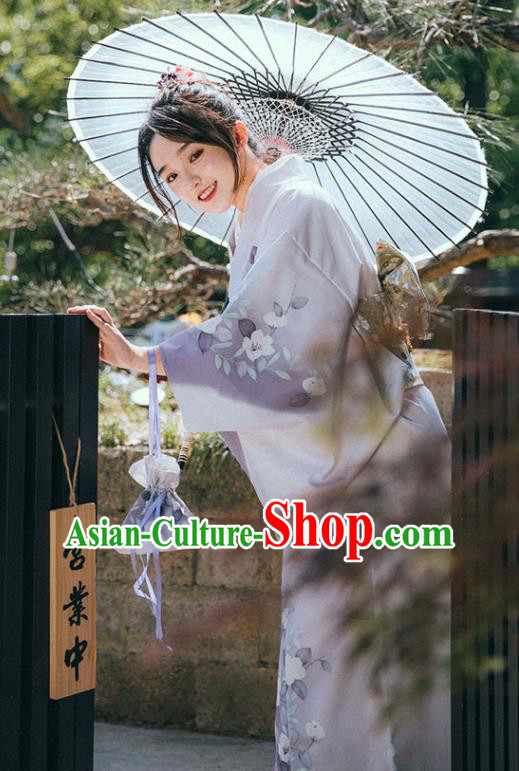 Japan Summer Festival Sakura Yukata Dress Japanese Traditional Garment Printing Lilac Kimono