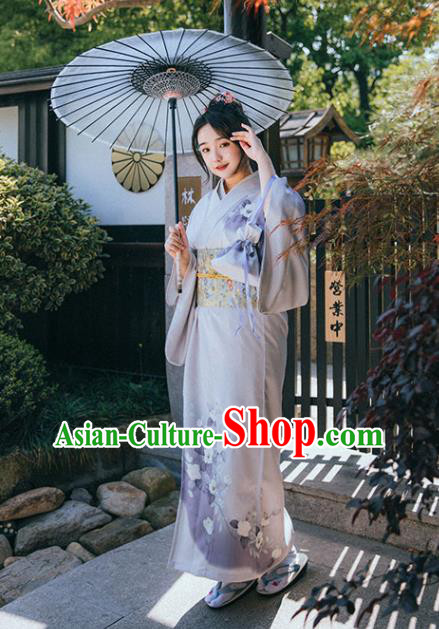 Japan Summer Festival Sakura Yukata Dress Japanese Traditional Garment Printing Lilac Kimono