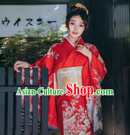 Japan Printing Red Kimono Summer Festival Sakura Yukata Dress Japanese Traditional Garment