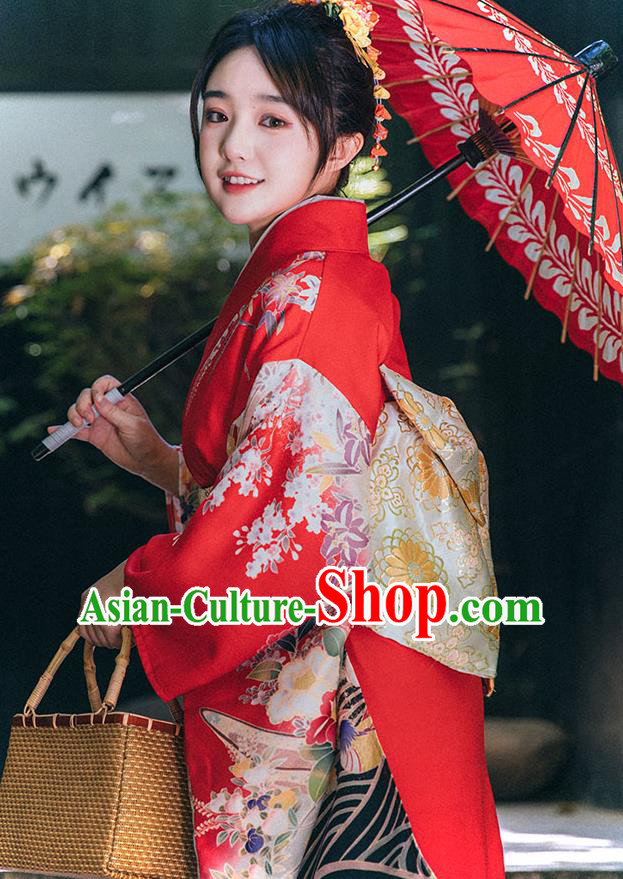 Japan Printing Red Kimono Summer Festival Sakura Yukata Dress Japanese Traditional Garment