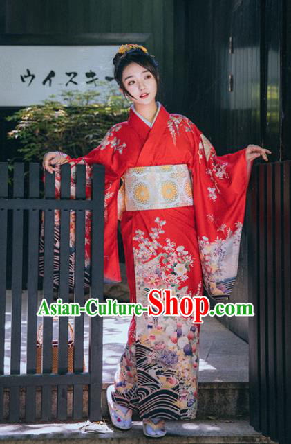 Japan Printing Red Kimono Summer Festival Sakura Yukata Dress Japanese Traditional Garment