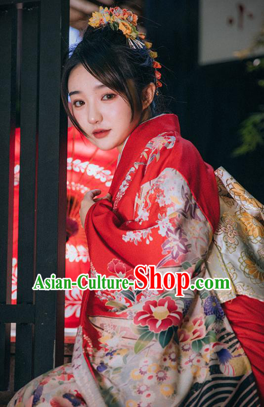 Japan Printing Red Kimono Summer Festival Sakura Yukata Dress Japanese Traditional Garment