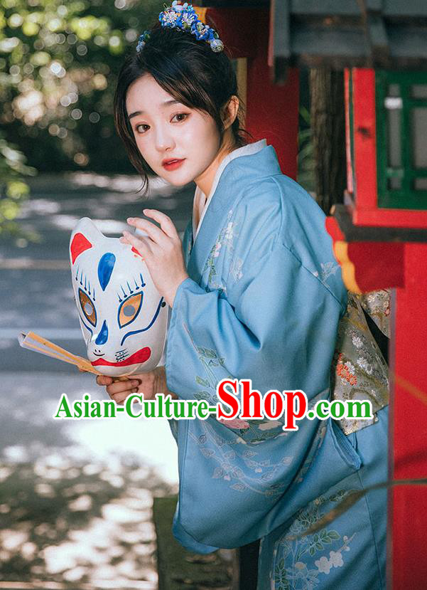 Japanese Traditional Garment Japan Printing Blue Kimono Summer Festival Sakura Yukata Dress