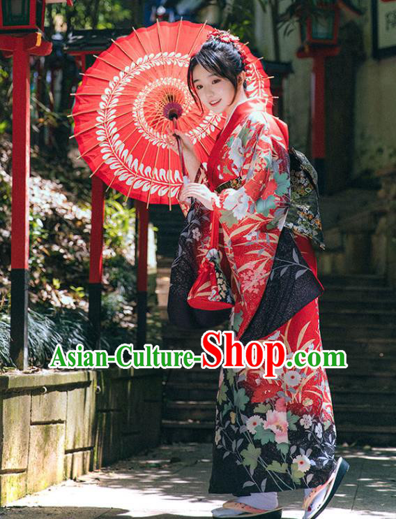 Japanese Summer Festival Sakura Yukata Dress Traditional Garment Japan Red Furisode Kimono
