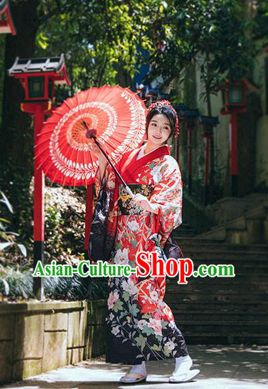 Japanese Summer Festival Sakura Yukata Dress Traditional Garment Japan Red Furisode Kimono