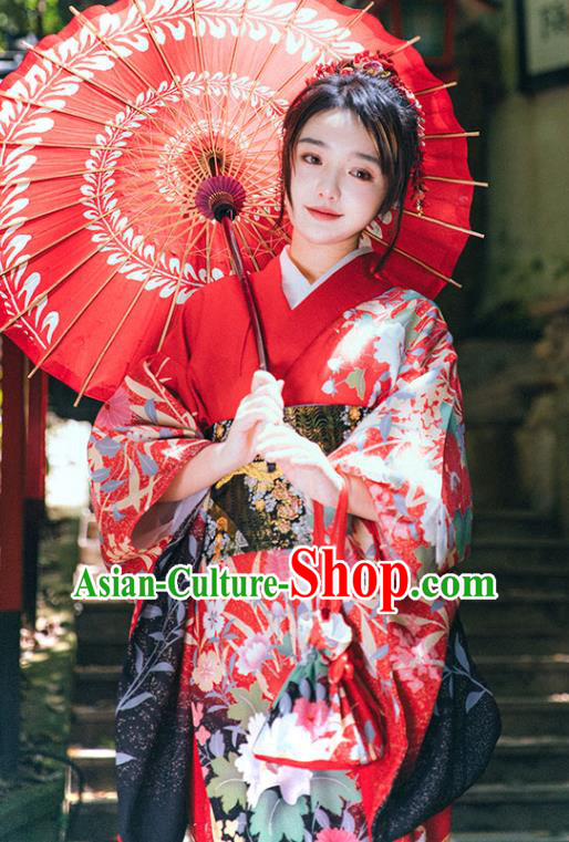 Japanese Summer Festival Sakura Yukata Dress Traditional Garment Japan Red Furisode Kimono
