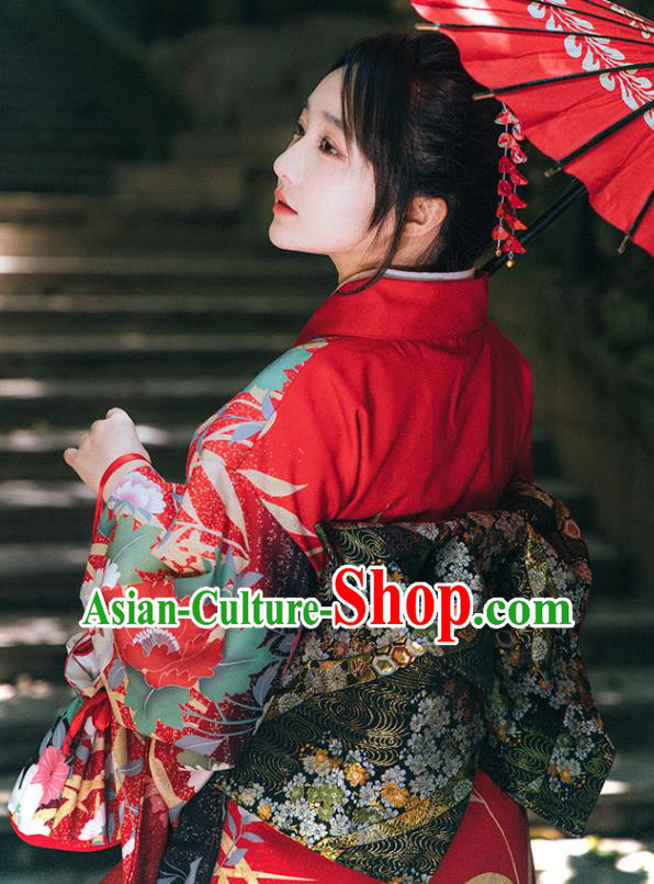 Japanese Summer Festival Sakura Yukata Dress Traditional Garment Japan Red Furisode Kimono