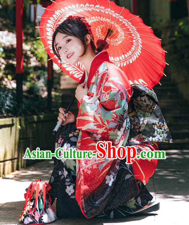 Japanese Summer Festival Sakura Yukata Dress Traditional Garment Japan Red Furisode Kimono
