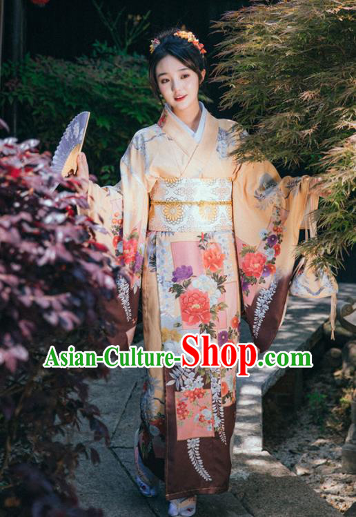 Japan Summer Festival Young Lady Yukata Dress Traditional Garment Japanese Apricot Kimono