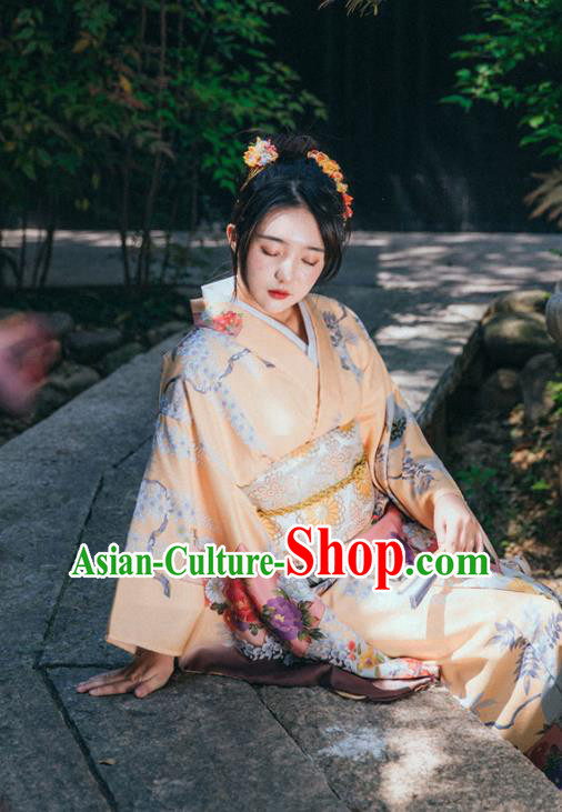 Japan Summer Festival Young Lady Yukata Dress Traditional Garment Japanese Apricot Kimono