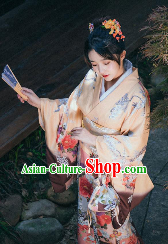 Japan Summer Festival Young Lady Yukata Dress Traditional Garment Japanese Apricot Kimono
