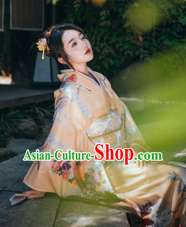 Japan Summer Festival Young Lady Yukata Dress Traditional Garment Japanese Apricot Kimono