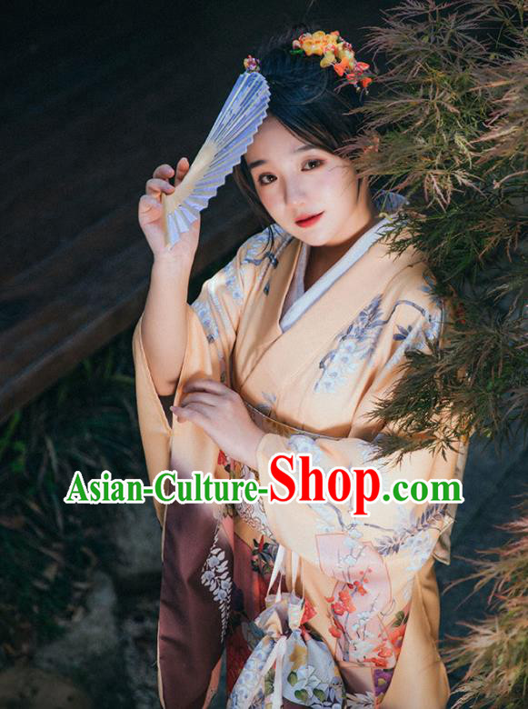 Japan Summer Festival Young Lady Yukata Dress Traditional Garment Japanese Apricot Kimono