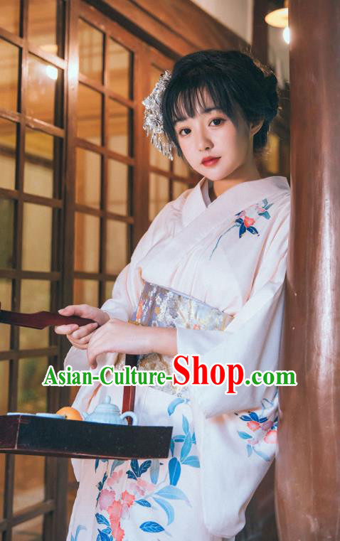 Japan Traditional Young Lady Garment White Kimono Japanese Summer Festival Yukata Dress