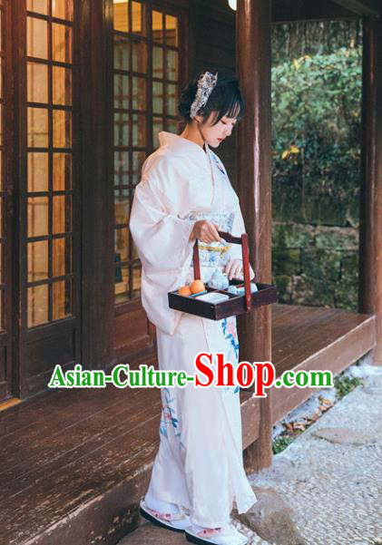 Japan Traditional Young Lady Garment White Kimono Japanese Summer Festival Yukata Dress