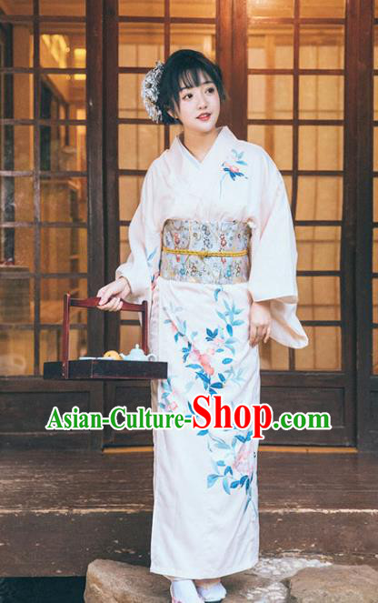 Japan Traditional Young Lady Garment White Kimono Japanese Summer Festival Yukata Dress