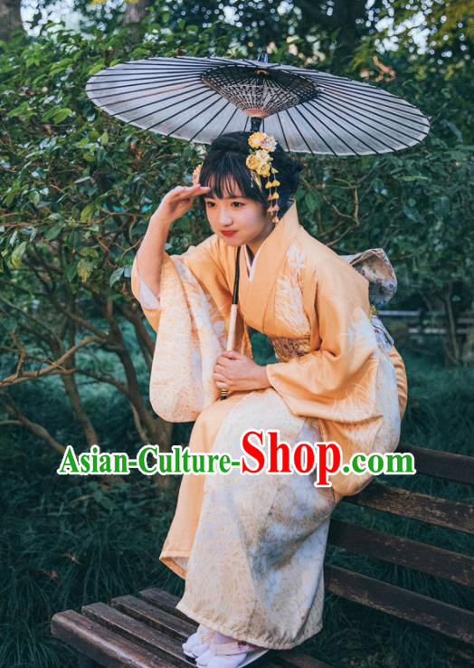 Japan Young Lady Garment Japanese Printing Orange Kimono Traditional Summer Festival Yukata Dress