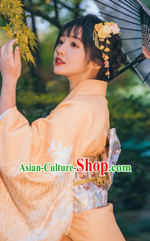 Japan Young Lady Garment Japanese Printing Orange Kimono Traditional Summer Festival Yukata Dress